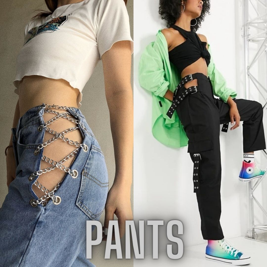 Women's pants, jeans, and leggings available in black and white, and featuring skinny fit, high waist, bell bottom, ruched detail, and more