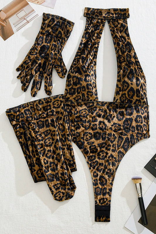 Halterneck Cut Out Backless Leopard Bodysuit With Gloves