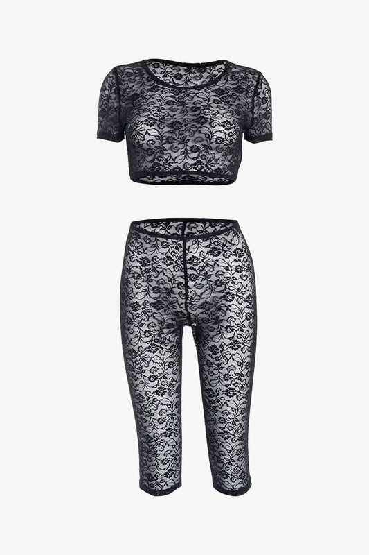 Black Sheer Lace Crop Top & Capri Pants Set Set