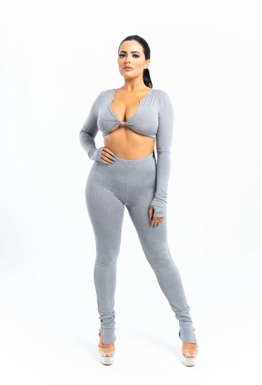 Grey Front Tie Crop Top And High Waist Pant Set Set