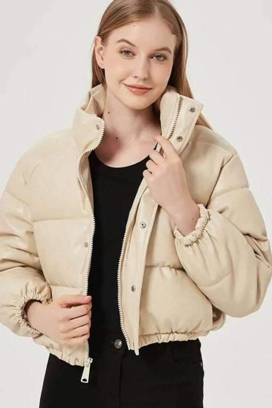 Light Beige Puffer Windbreaker Faux Leather Crop Jacket Coats & Jackets