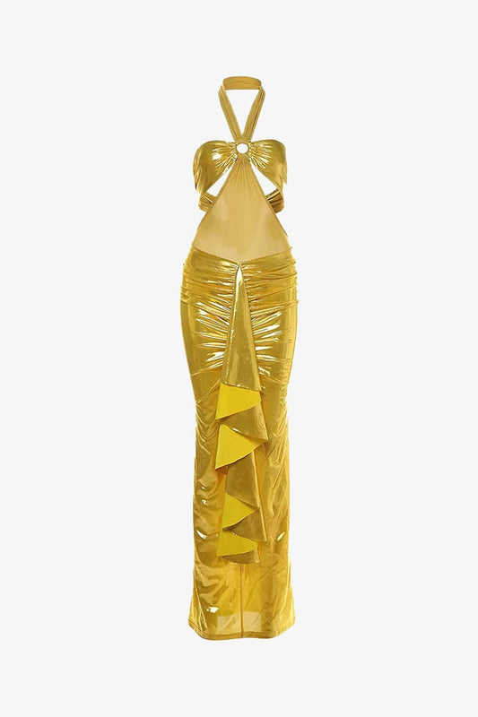 Metallic Gold Cutout Halter Maxi Dress