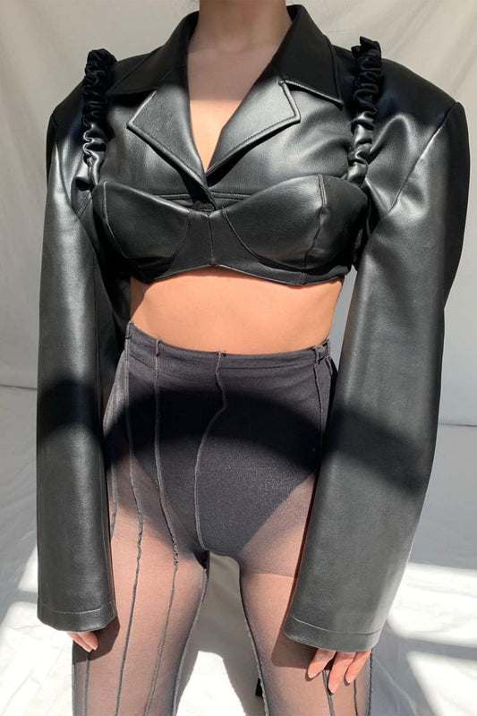 Black Leather Cropped Jacket With Bra Coats & Jackets