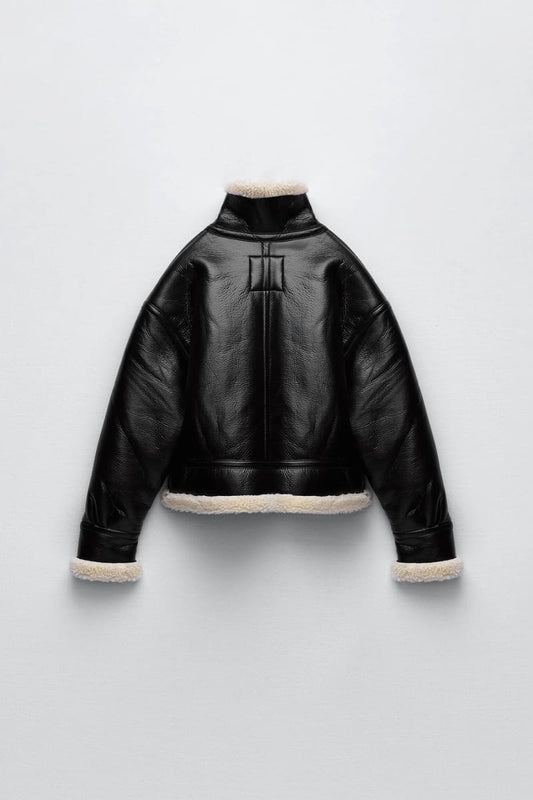 Womens Black Leather Shearling Aviator Jacket
