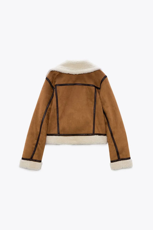 Womens Brown Cropped Sherpa Lined Suede Jacket Jacket
