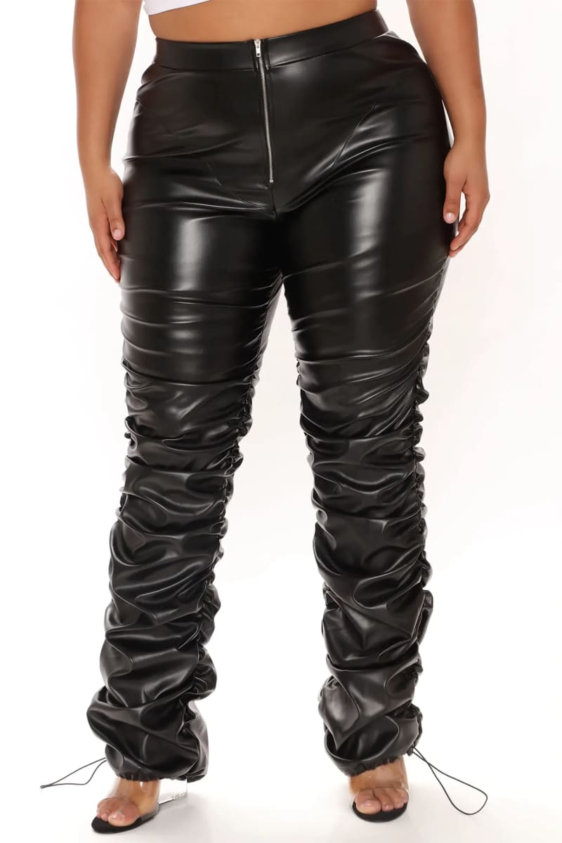 Black Front Zipper Stacked Leather Women’s Cargo Pants