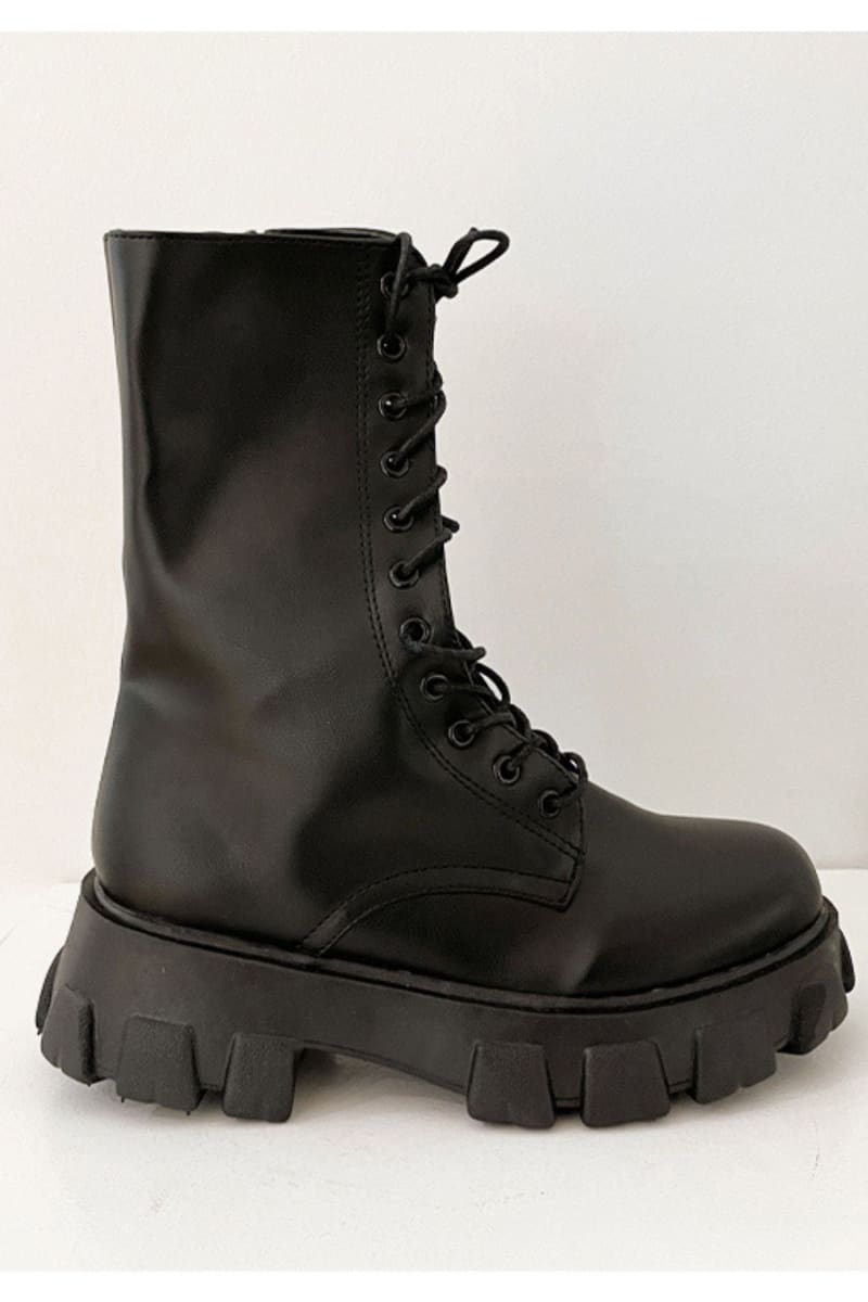 Black Lace Up Mid Calf Boots Shoes