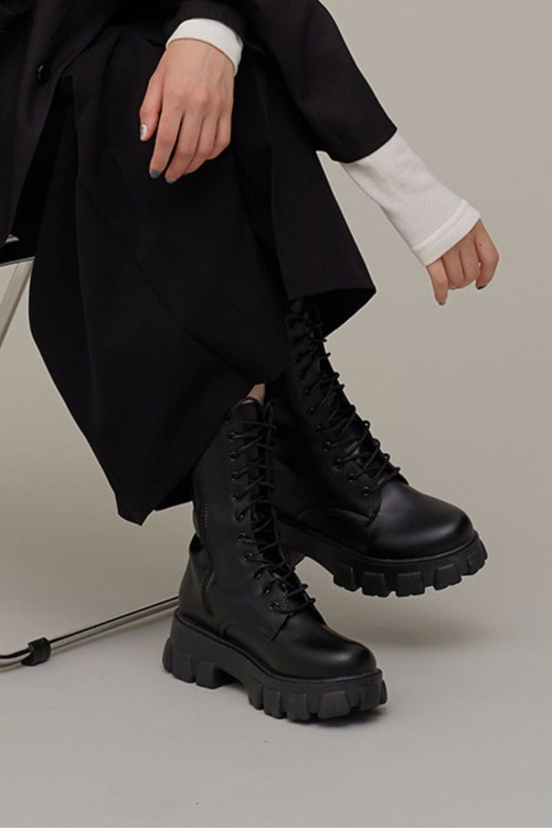 Black Lace Up Mid Calf Boots Shoes