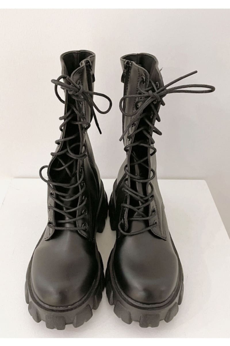 Black Lace Up Mid Calf Boots Shoes