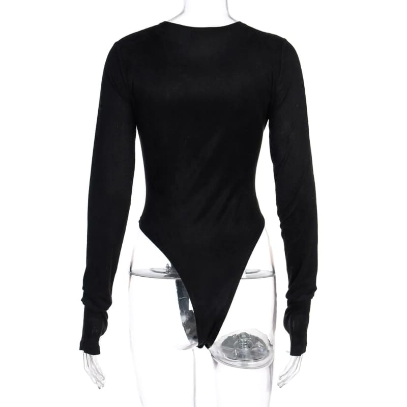 Black Long Sleeve High Cut Suede Bodysuit Leotards & Unitards