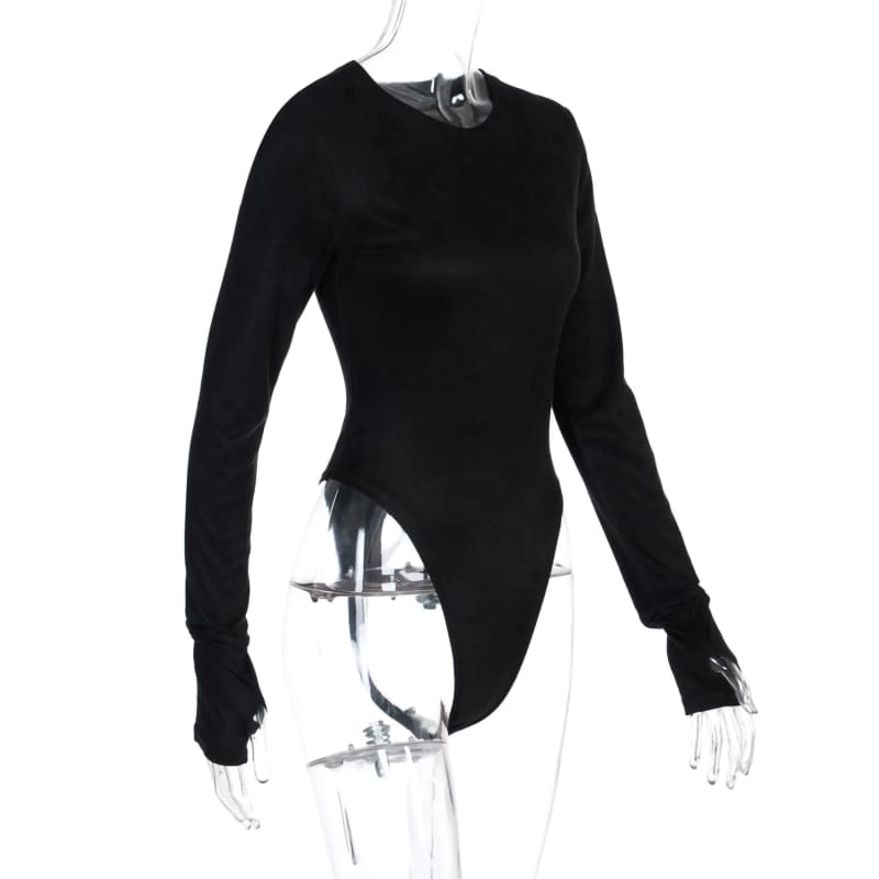 Black Long Sleeve High Cut Suede Bodysuit Leotards & Unitards