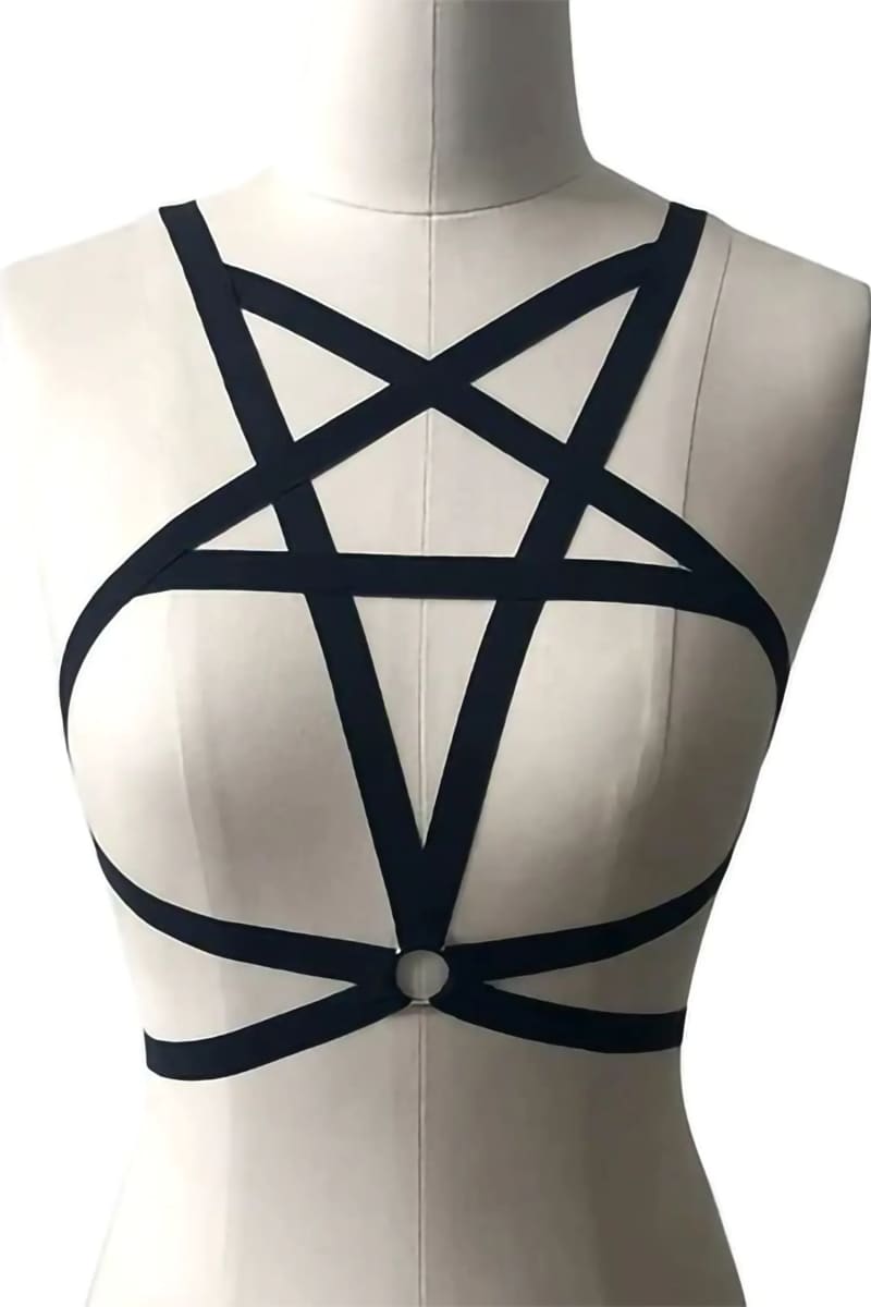 Black Pentagram Strappy Harness Cage Bandage Bra Bras