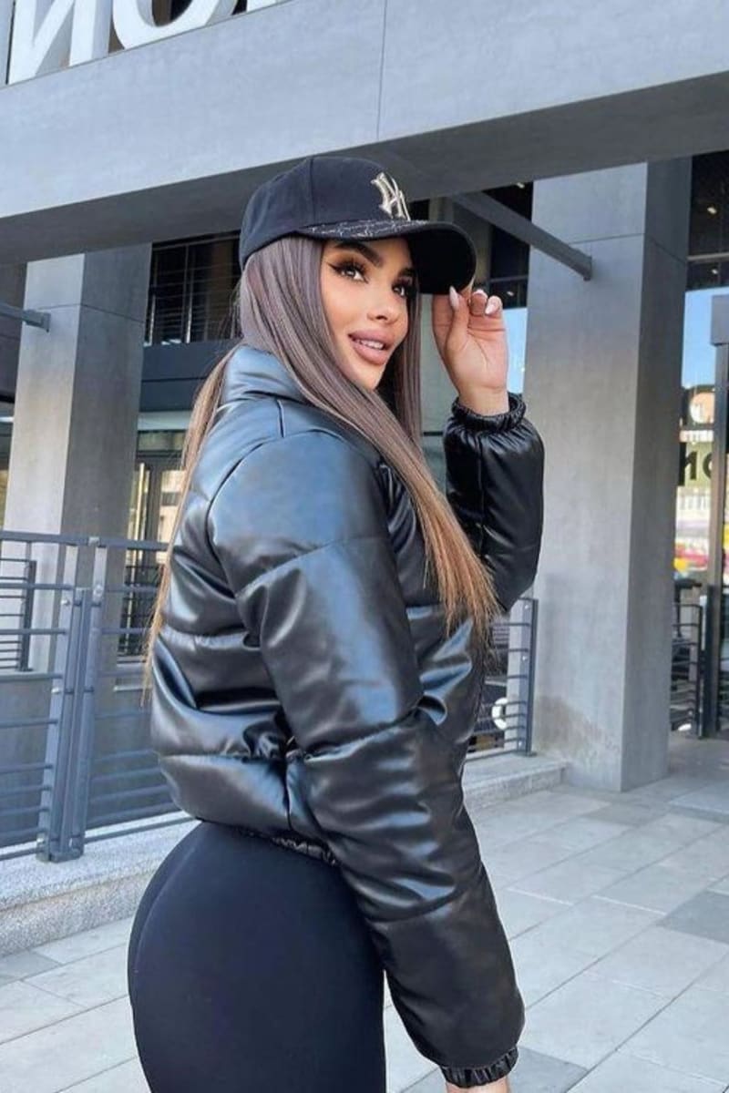 Black Puffer Windbreaker Faux Leather Crop Jacket Coats & Jackets