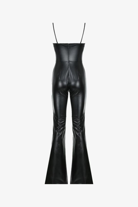 Black Sleeveless Bell Bottom Leather Jumpsuit