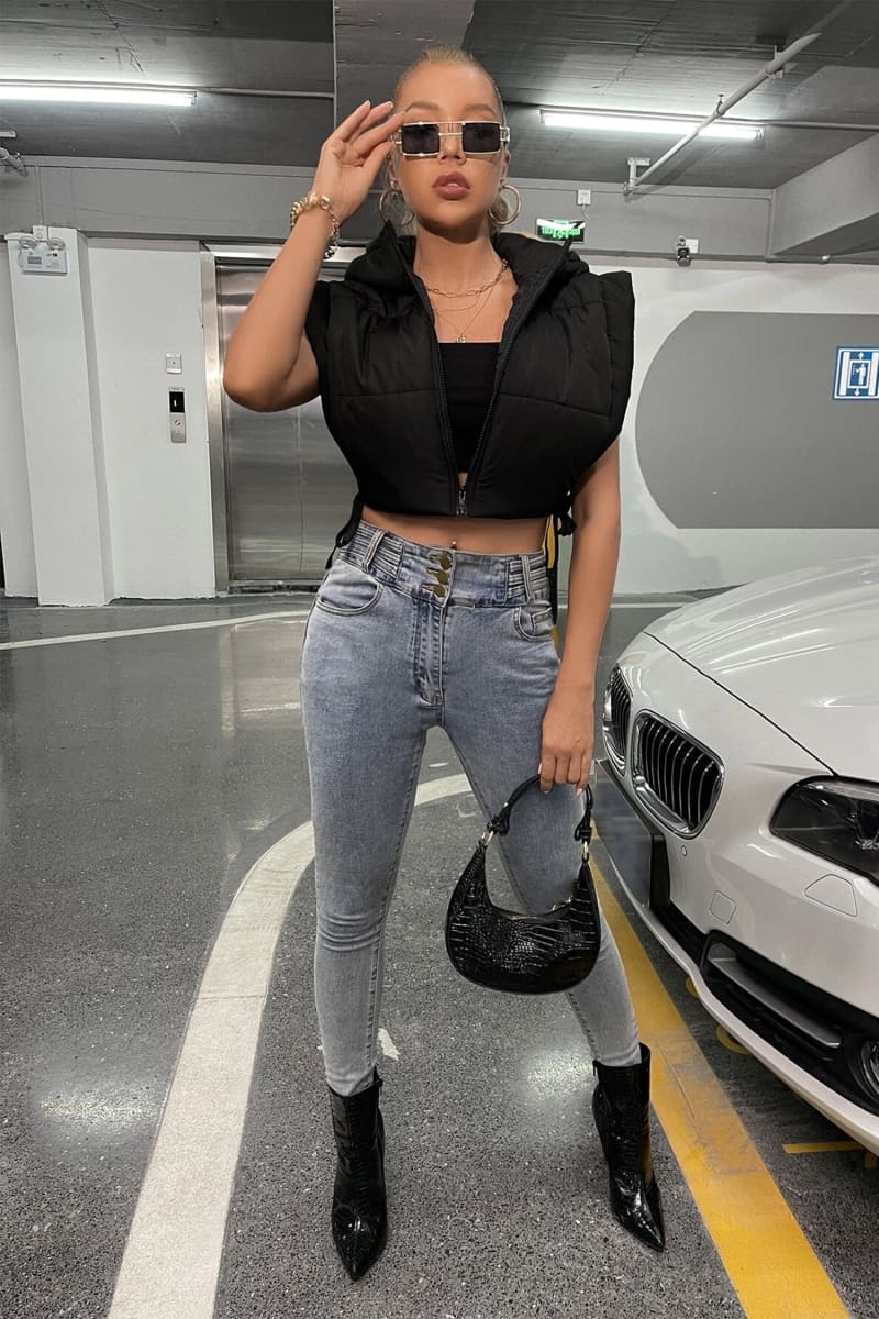 Black Tie Side Hooded Cropped Puffer Vest Vests