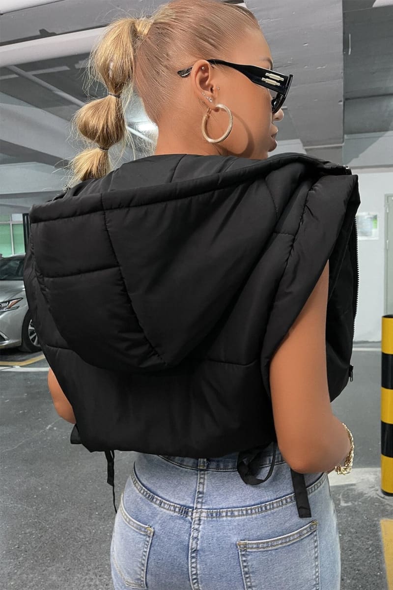 Black Tie Side Hooded Cropped Puffer Vest Vests