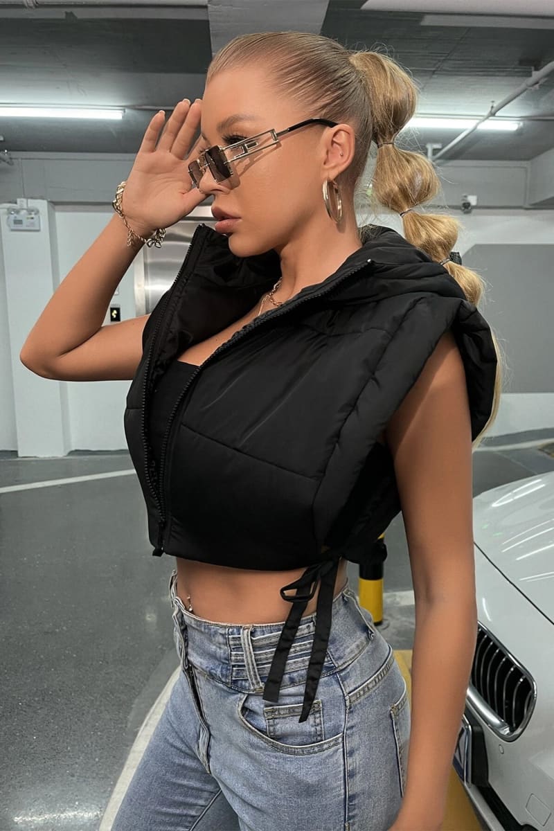 Black Tie Side Hooded Cropped Puffer Vest Vests