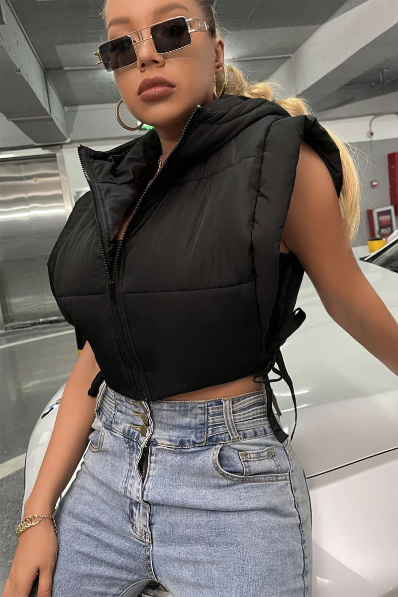 Black Tie Side Hooded Cropped Puffer Vest Vests