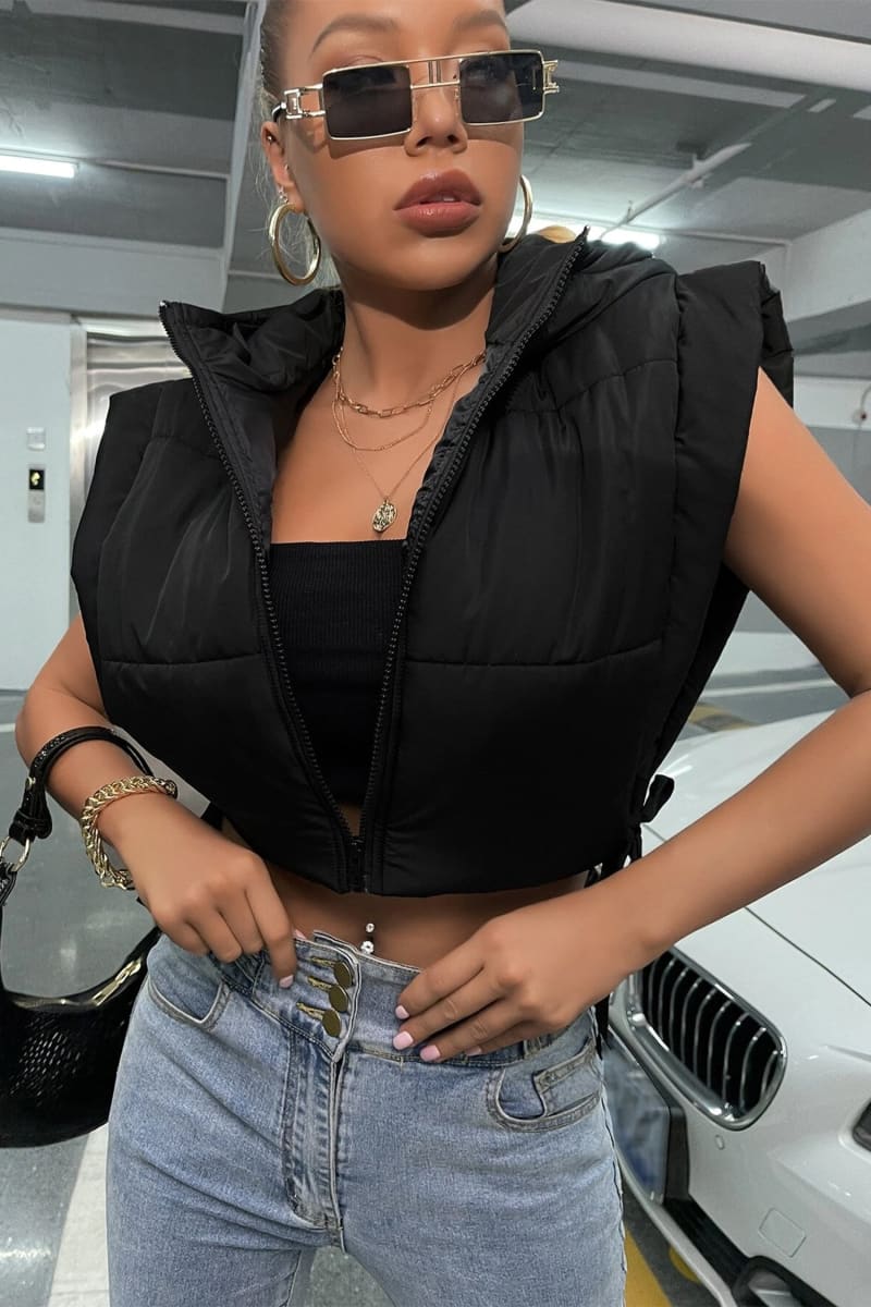 Black Tie Side Hooded Cropped Puffer Vest Vests