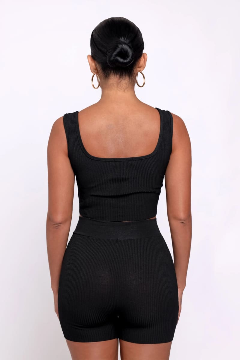 Black Two-Piece Ribbed Crop Top & High Waisted Shorts Matching Set Outfit Sets