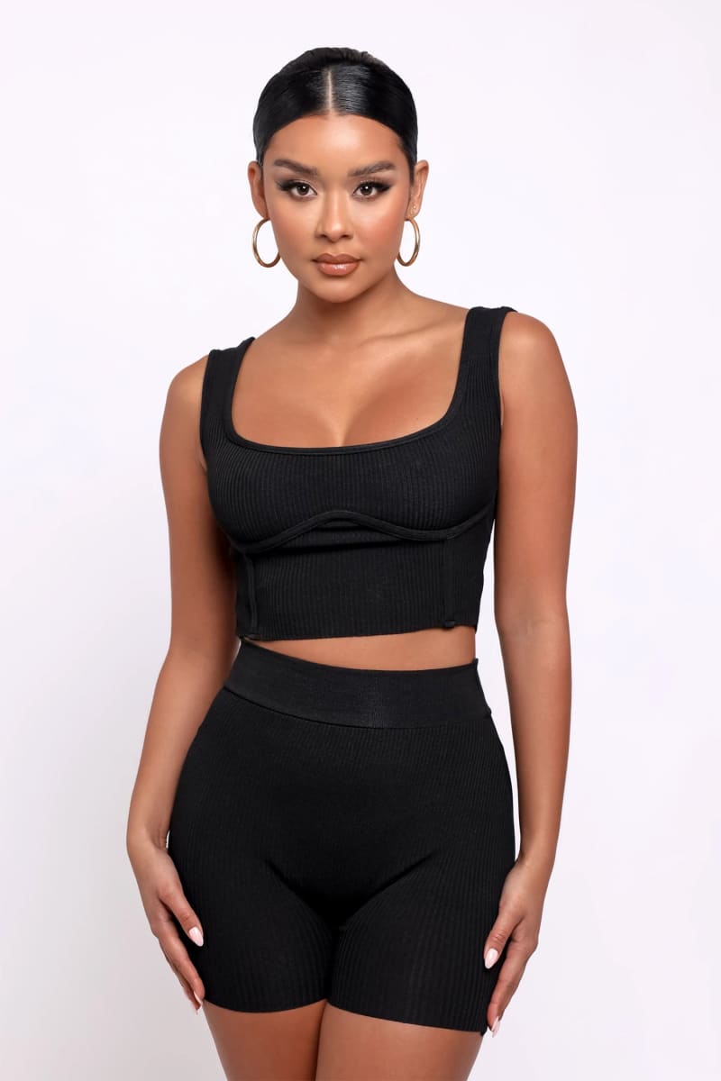 Black Two-Piece Ribbed Crop Top & High Waisted Shorts Matching Set Outfit Sets