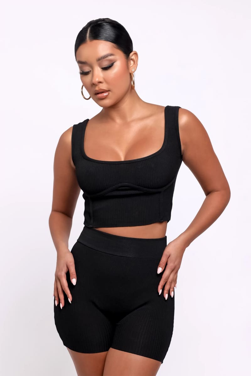 Black Two-Piece Ribbed Crop Top & High Waisted Shorts Matching Set Outfit Sets