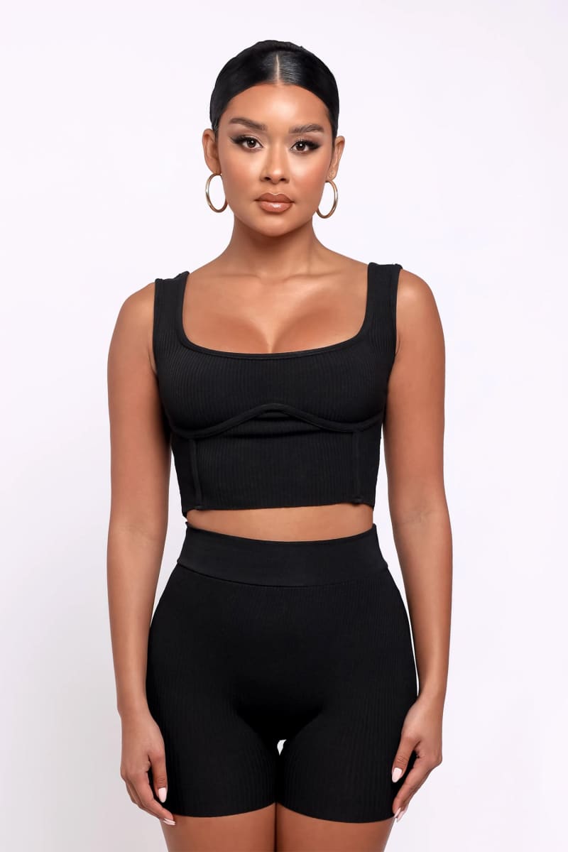 Black Two-Piece Ribbed Crop Top & High Waisted Shorts Matching Set Outfit Sets