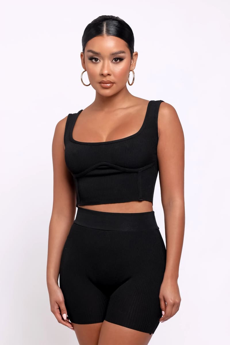 Black Two-Piece Ribbed Crop Top & High Waisted Shorts Matching Set Outfit Sets