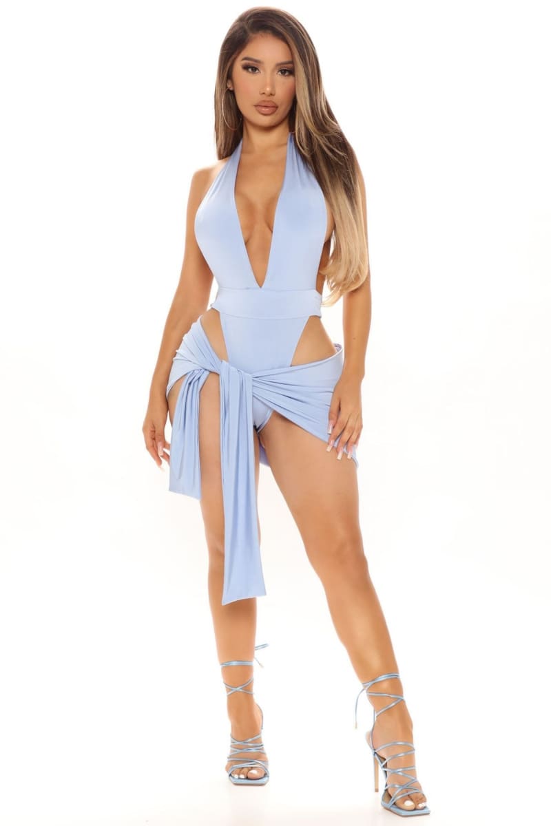 Blue Bodysuit And Skirt Matching Set Set