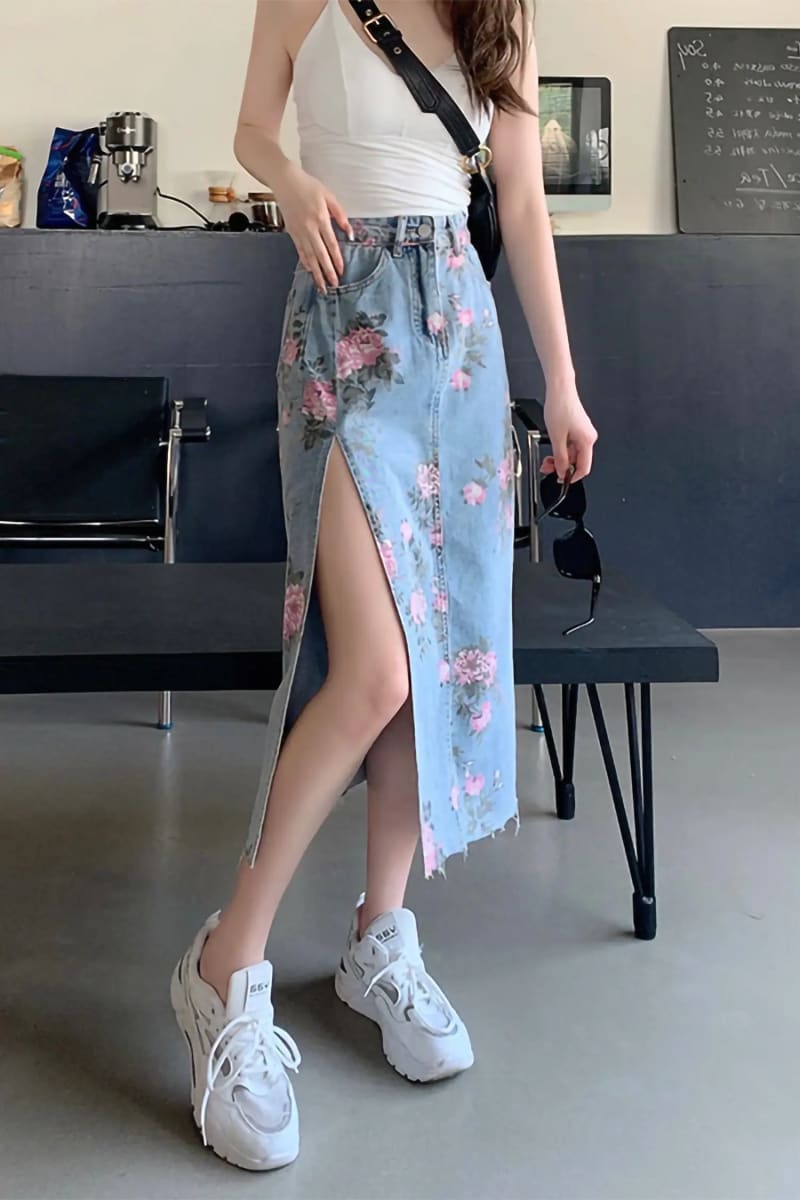 Blue High Waisted Floral Print Split Jean Midi Skirt Skirts