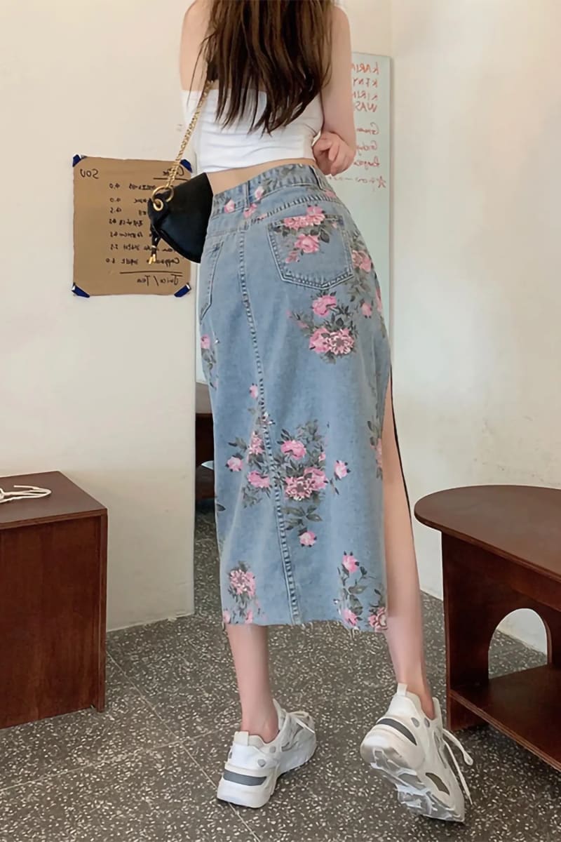Blue High Waisted Floral Print Split Jean Midi Skirt Skirts