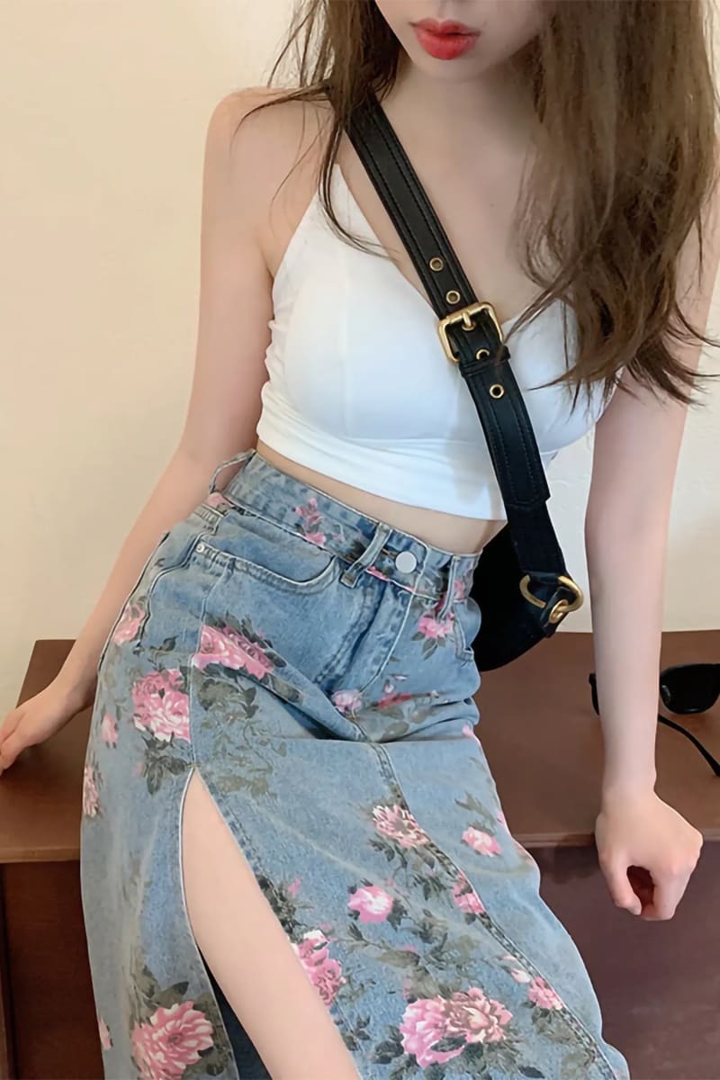 Blue High Waisted Floral Print Split Jean Midi Skirt Skirts