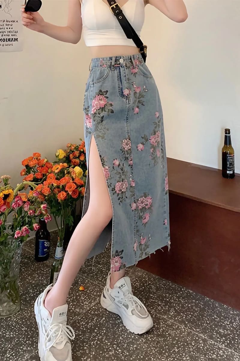 Blue High Waisted Floral Print Split Jean Midi Skirt Skirts