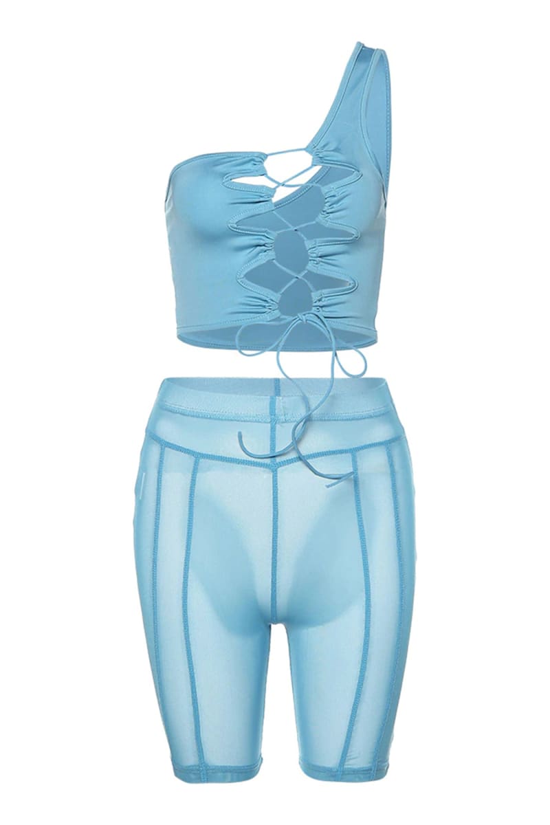 Blue Mesh Biker Shorts & One Shoulder Lace-Up Crop Top Set Outfit Sets