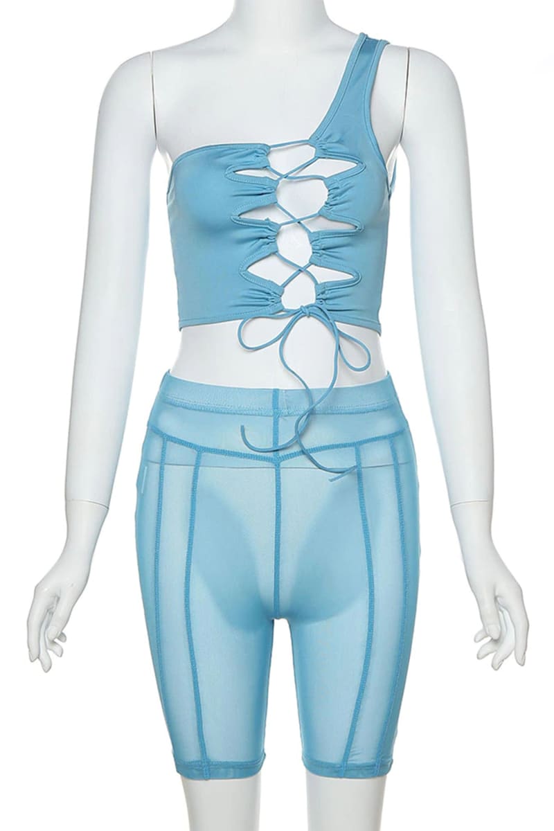 Blue Mesh Biker Shorts & One Shoulder Lace-Up Crop Top Set Outfit Sets
