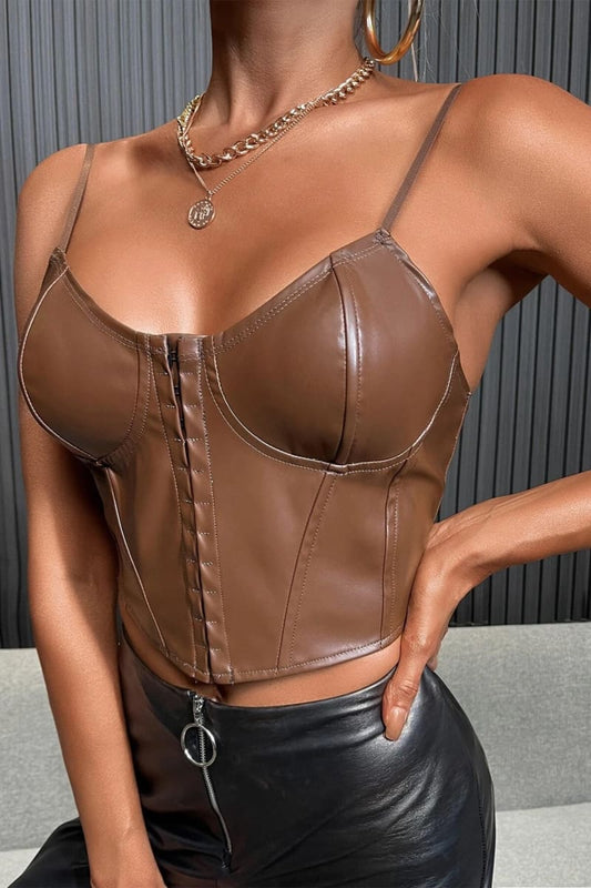 Brown Faux Leather Busk Bustier Top S / Shirts & Tops