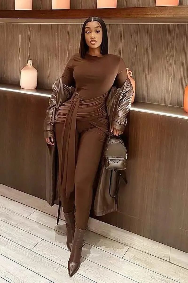 Brown Long Sleeve Wrap Jumpsuit Jumpsuits & Rompers
