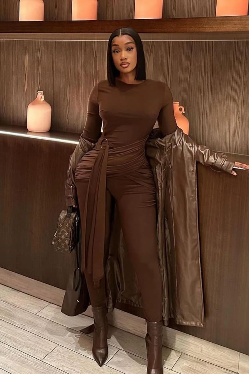 Brown Long Sleeve Wrap Jumpsuit Jumpsuits & Rompers