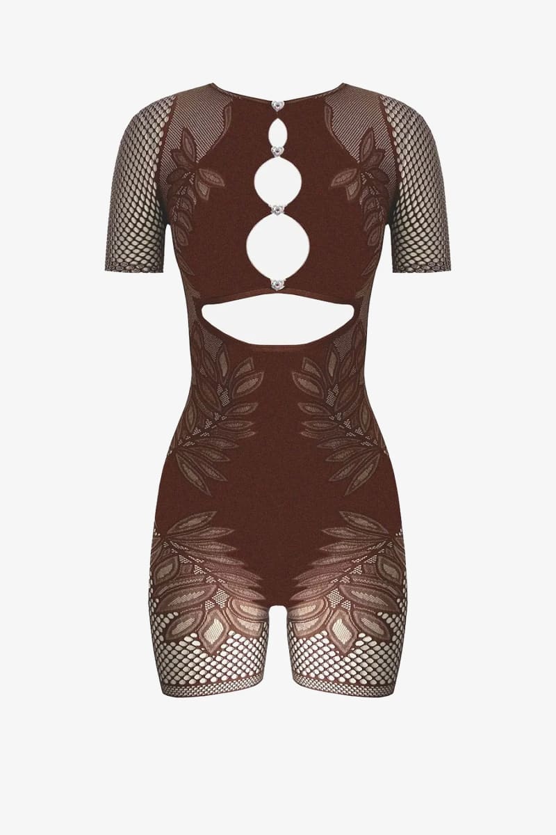Brown Short Sleeve Cutout Romper