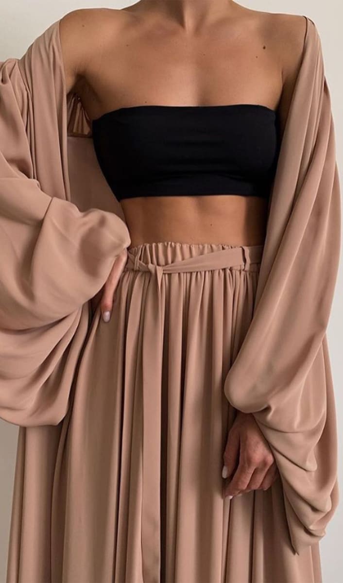 Brown Wide Leg Palazzo Pants And Beach Kimono Set Outfit Sets