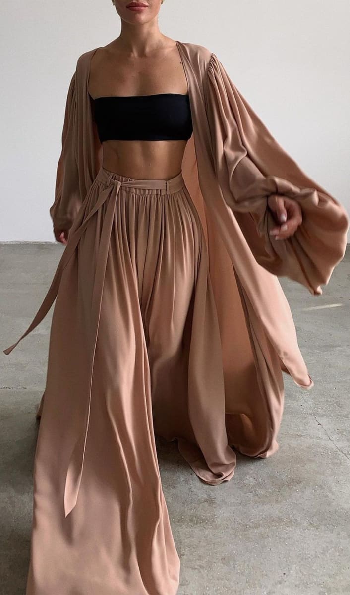 Brown Wide Leg Palazzo Pants And Beach Kimono Set Outfit Sets