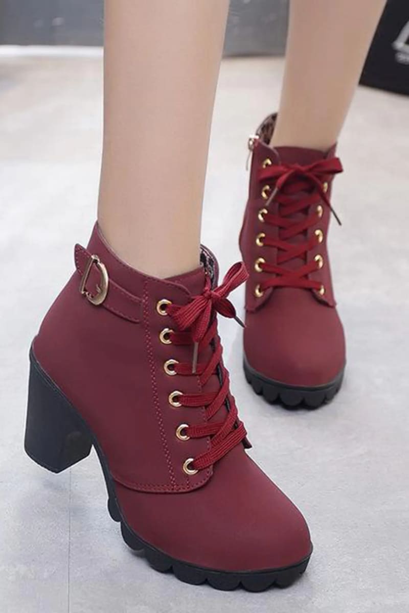 wine red Lace-Up High Heel Ankle Boots