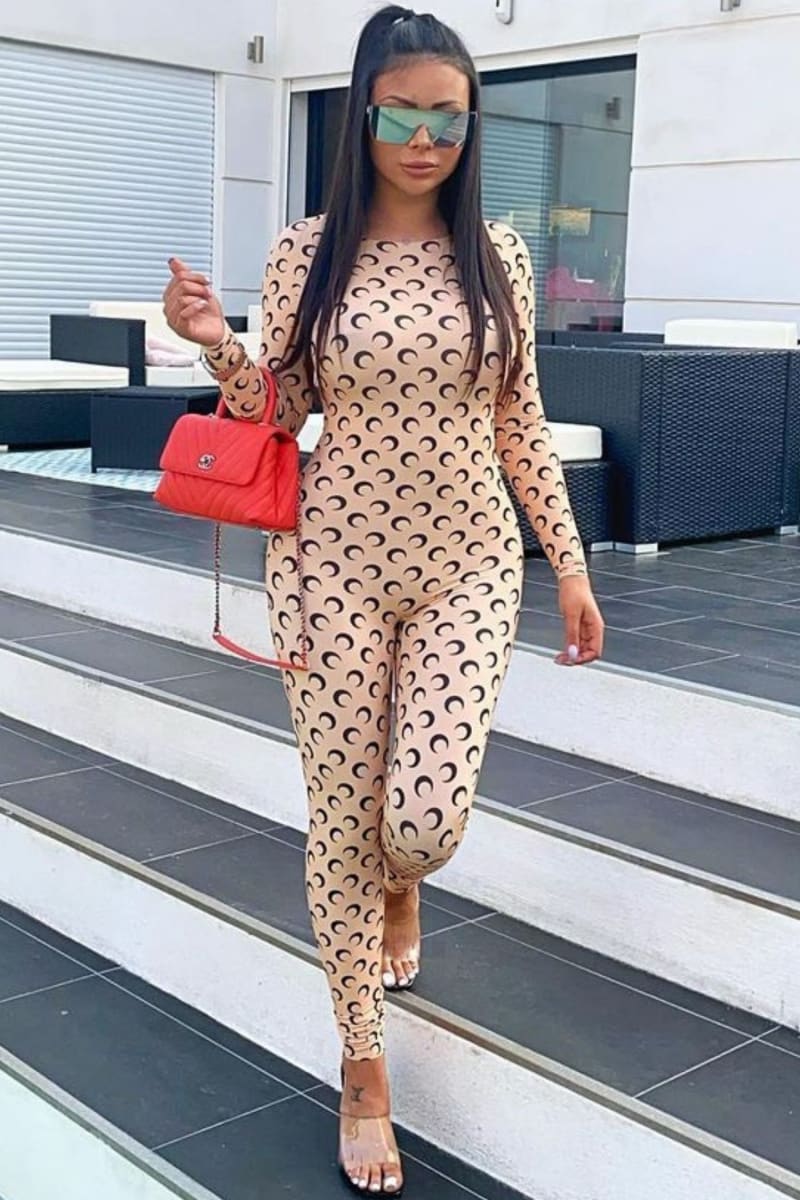 Crescent Moon Print Long Sleeves Khaki Skinny Jumpsuit / 3Xl Jumpsuit