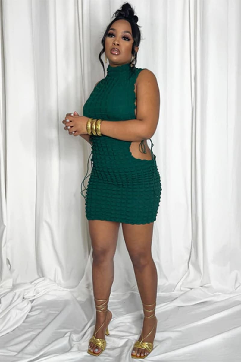 Green Bubble Fabric Lace-Up Turtleneck Short Dress Dresses