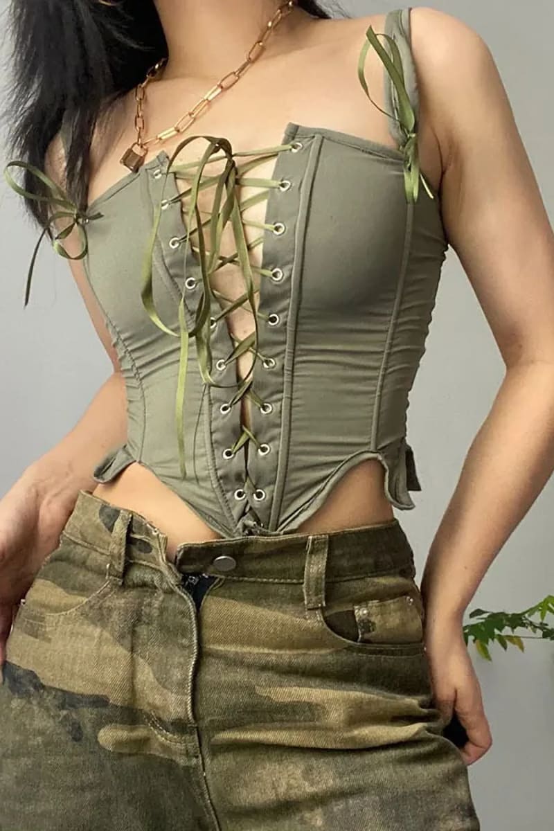 Green Bustier Top With Lace-Up Front