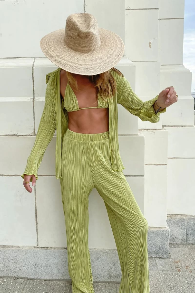 Green Pleated Crop Top And Palazzo Pants Satin Two Piece Set