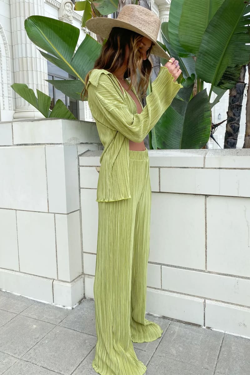 Green Pleated Crop Top And Palazzo Pants Satin Two Piece Set