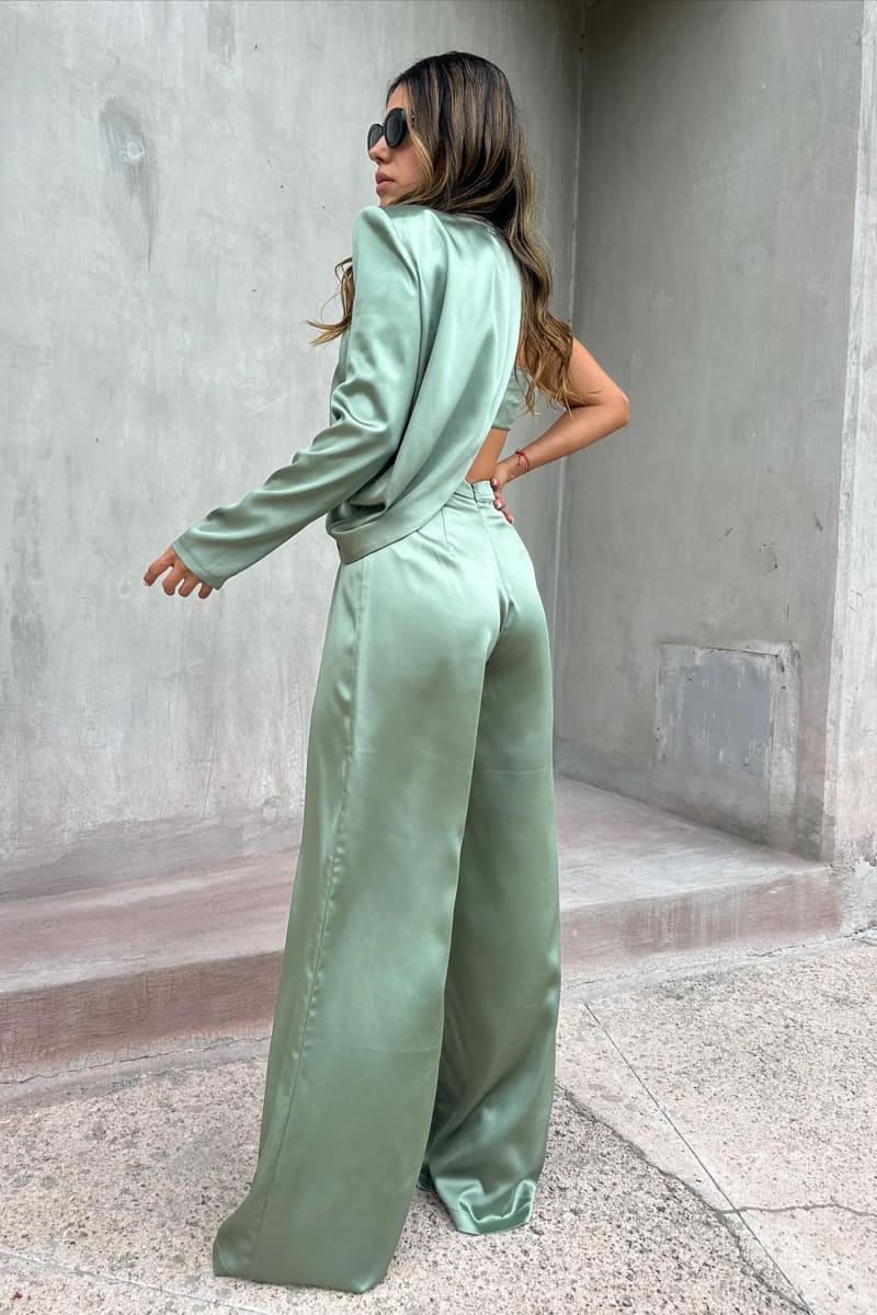 Green Satin One Shoulder Top Pants Set Outfit Sets