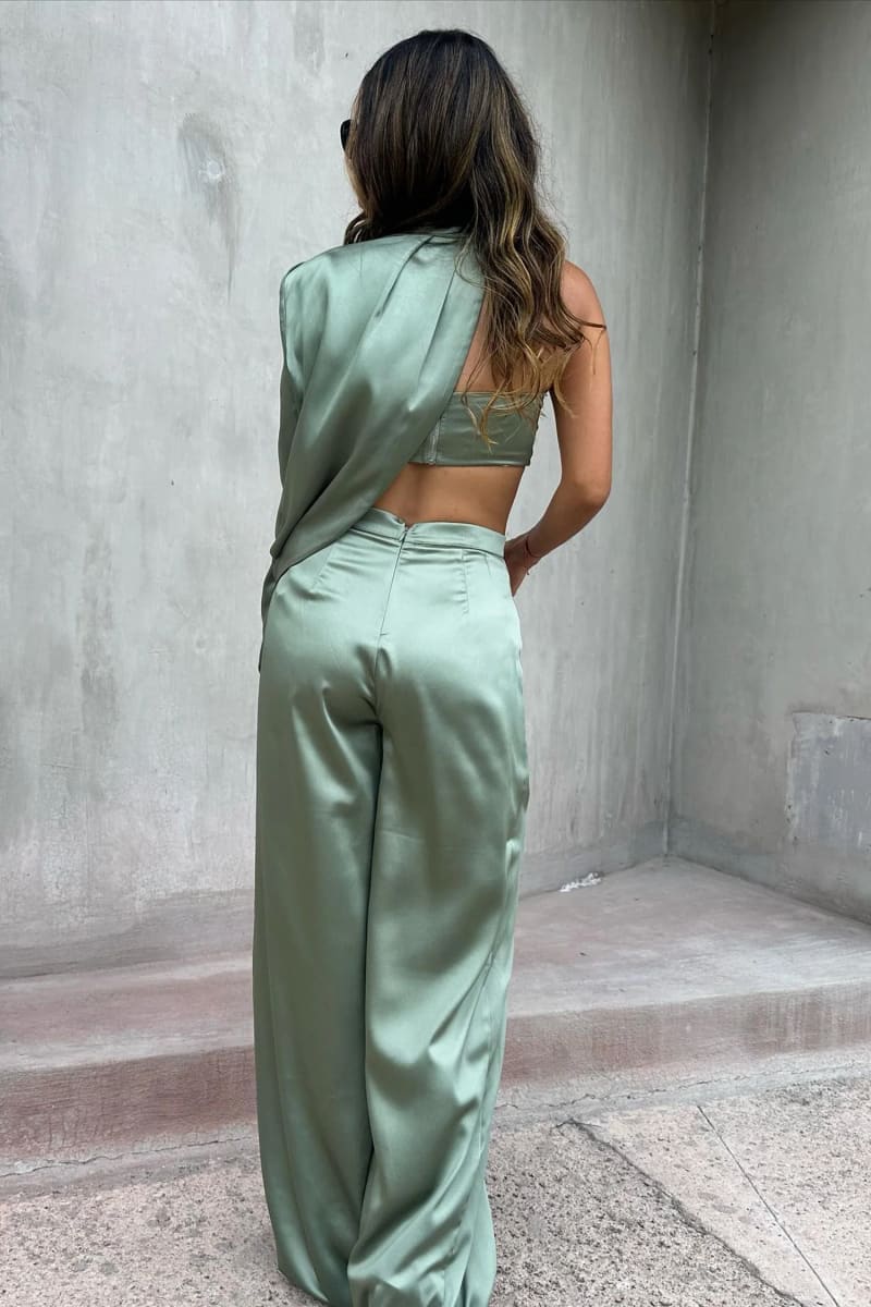 Green Satin One Shoulder Top Pants Set Outfit Sets