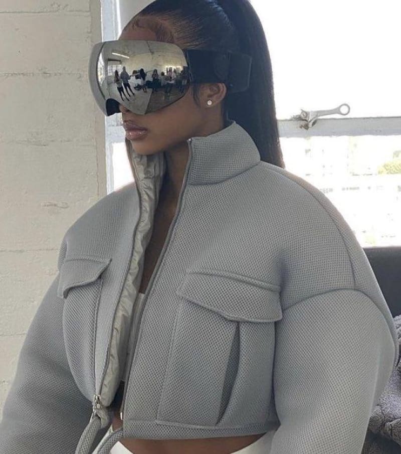 Gray Cropped Puffer Drawstring Jacket